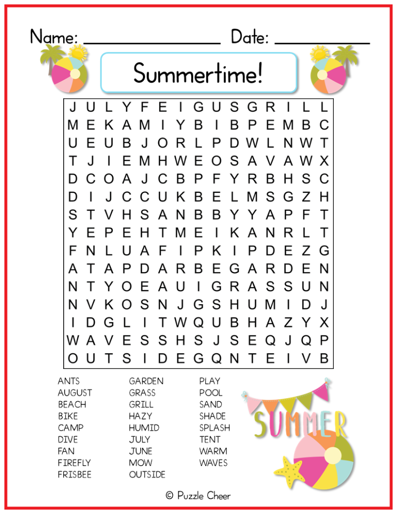 Summertime Word Search For Kids Puzzle Cheer