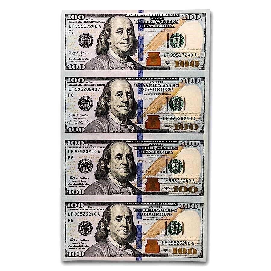 US 100 Dollar Bill Four Note Sheet Uncut Currency 2009 UNC EBay