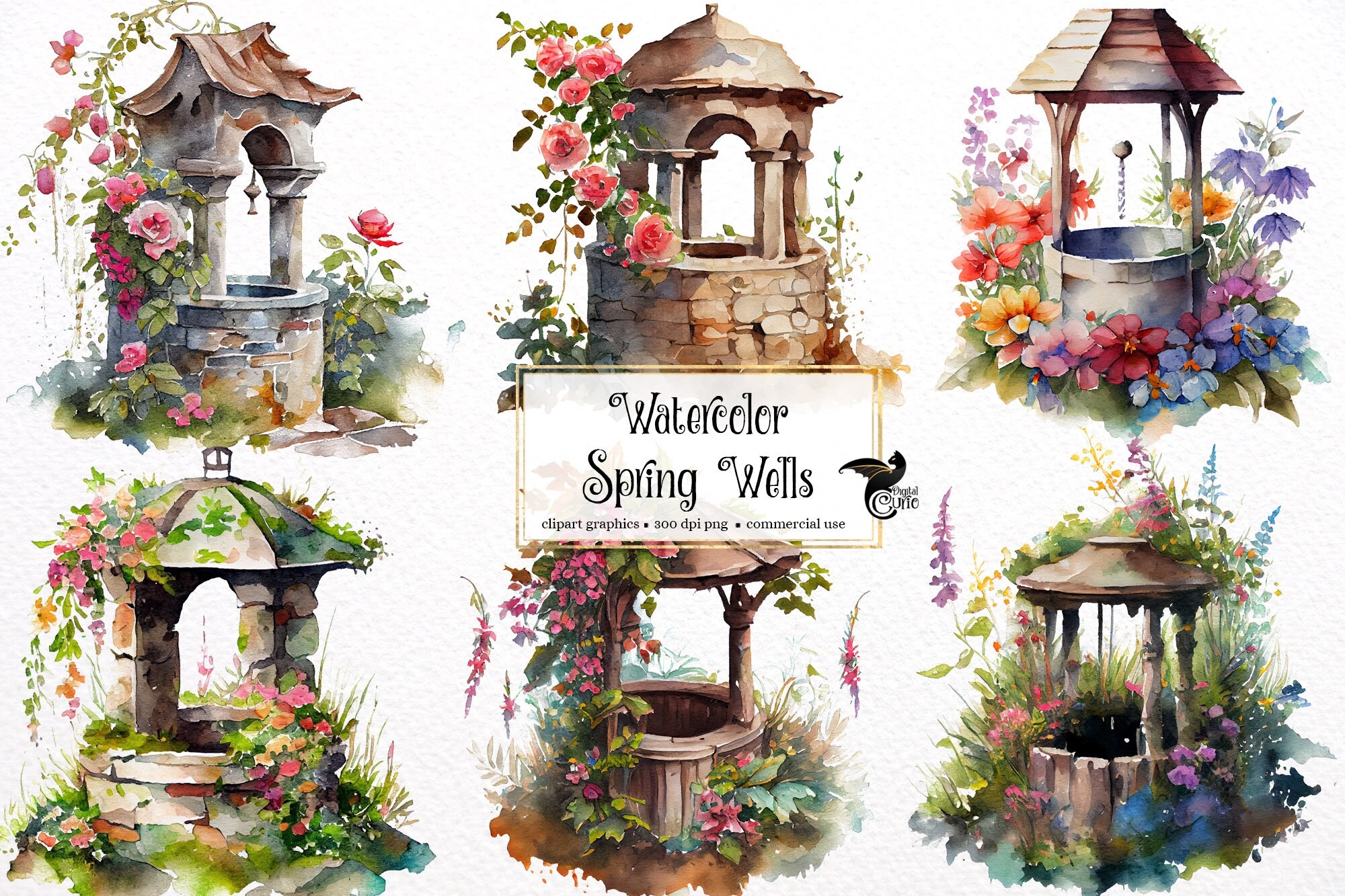 Watercolor Spring Wells Clipart Springtime Cute Little Wishing Well PNG Format Instant Download For Commercial Use Etsy
