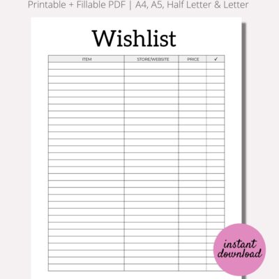 Wishlist Printable Wishlist Printable Tracker Template Shopping Wish List Printable INSTANT Download PDF Items To Buy a4 A5 Half LETTER Etsy