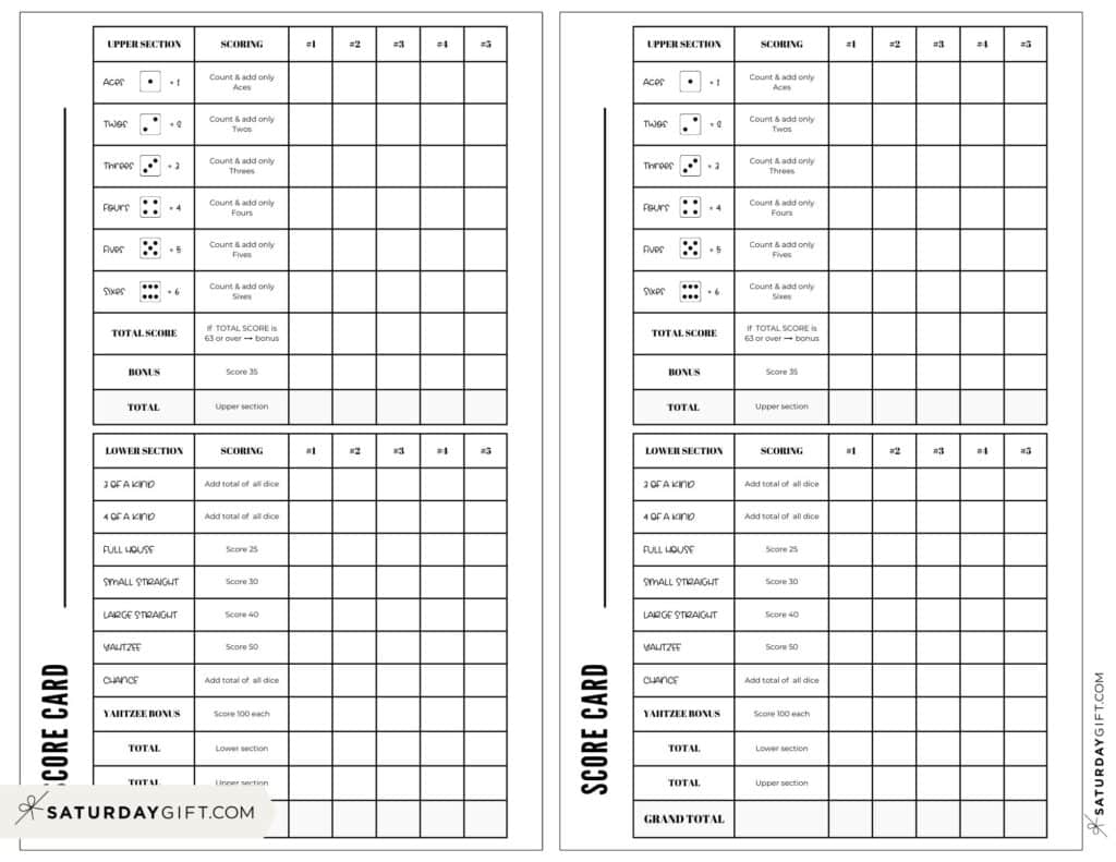 Yahtzee Score Card Printable Yahtzee Score Sheets SaturdayGift