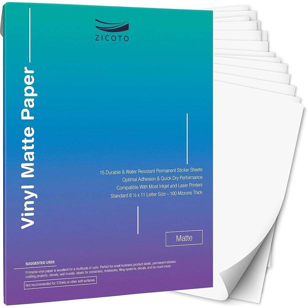 ZICOTO Premium Printable Vinyl Sticker Paper For Your Inkjet And Laser Printer 15 Matte White Waterproof Decal Paper Sheets Dries Quickly And Holds Ink Beautifully Accessories Set For Cricut 
