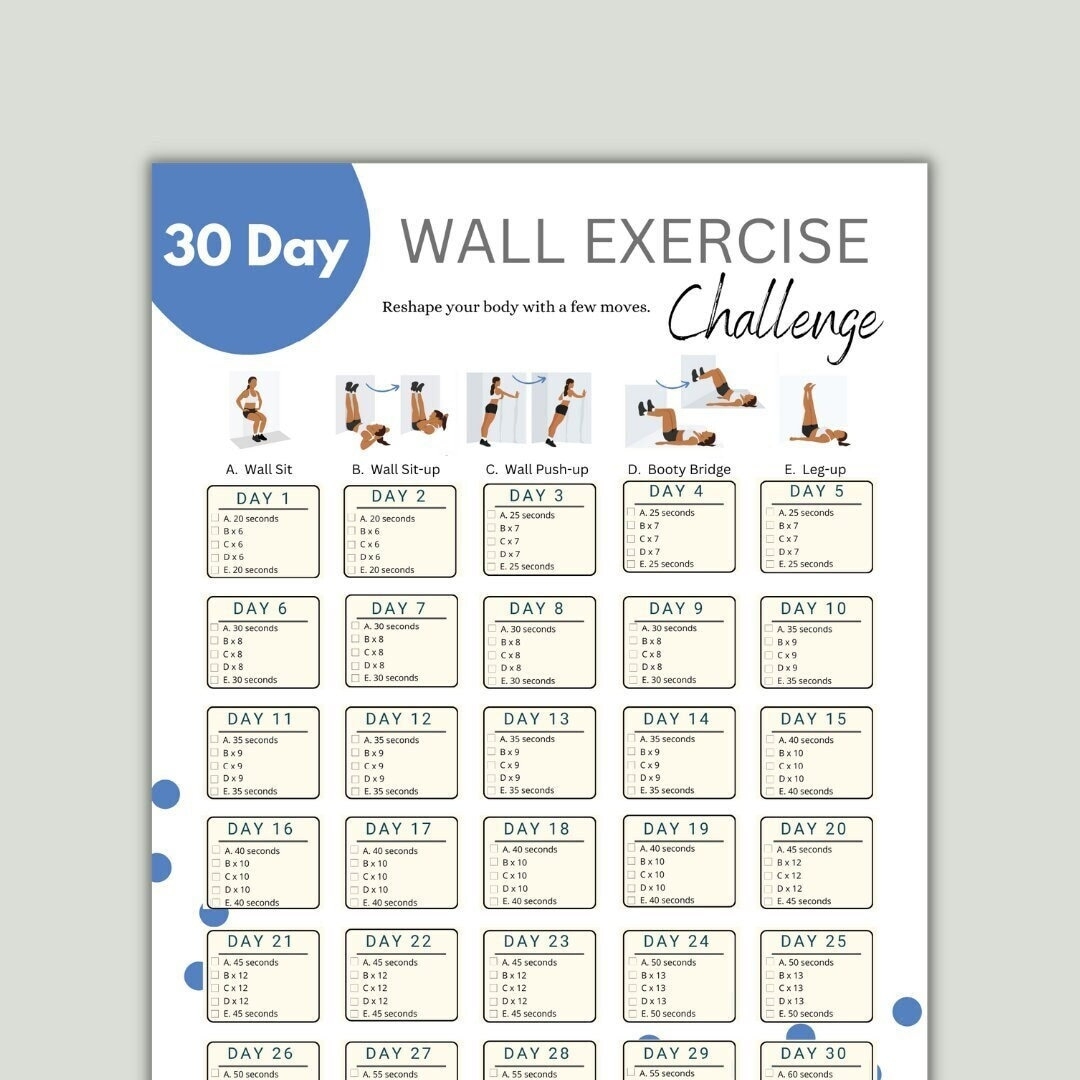 30 Day Wall Exercise Challenge Printable Wall Fitness Quick Workout Digital Reshape Body Wall Pilates Etsy