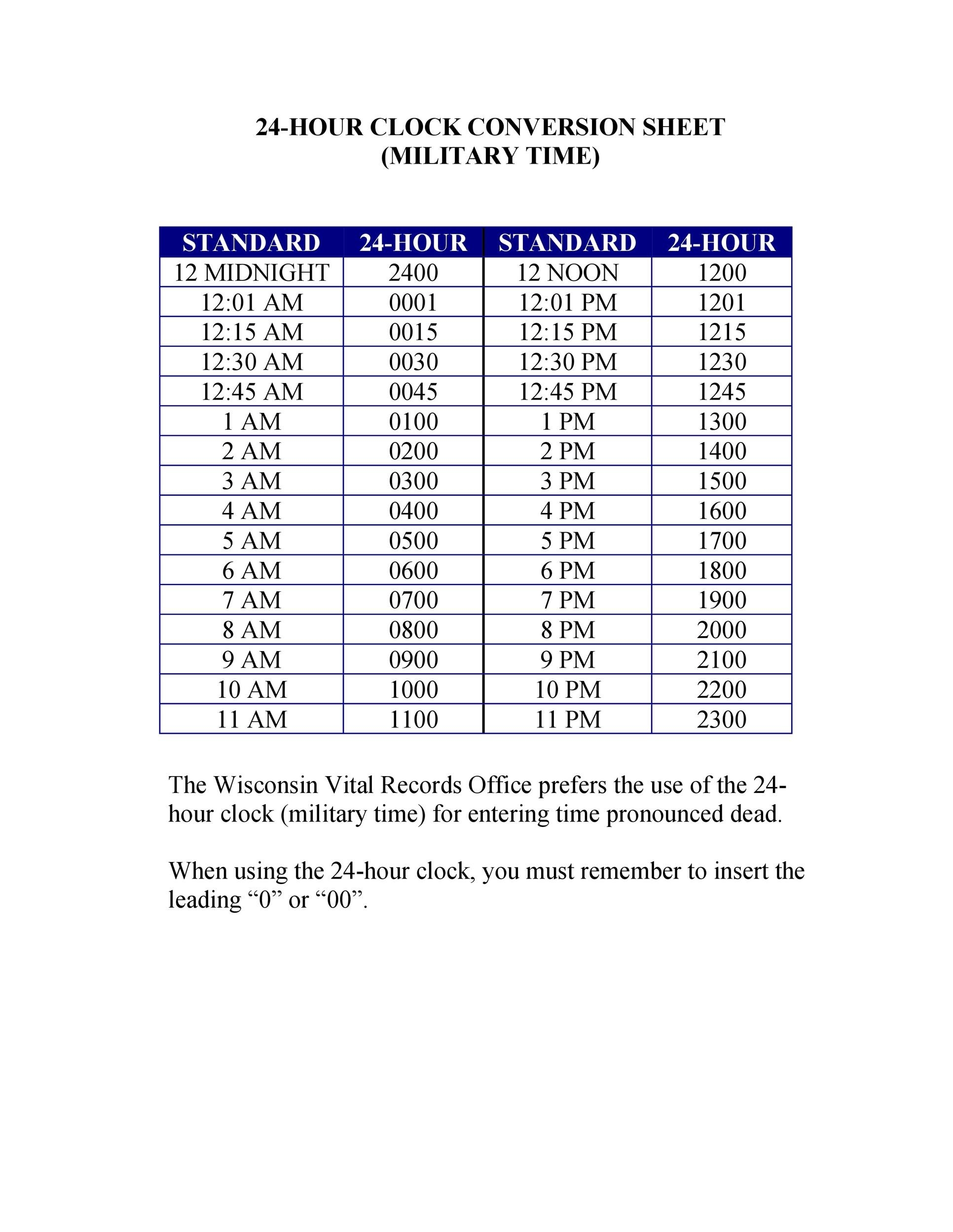 military time conversion chart printable