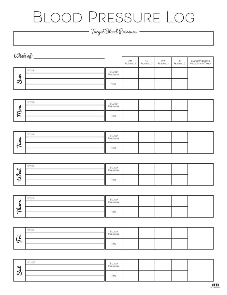 Blood Pressure Logs 32 FREE Printables Printabulls