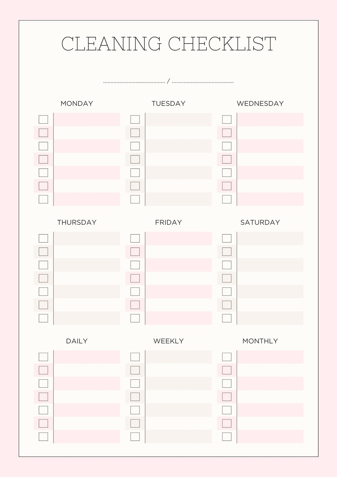 weekly cleaning chart printable