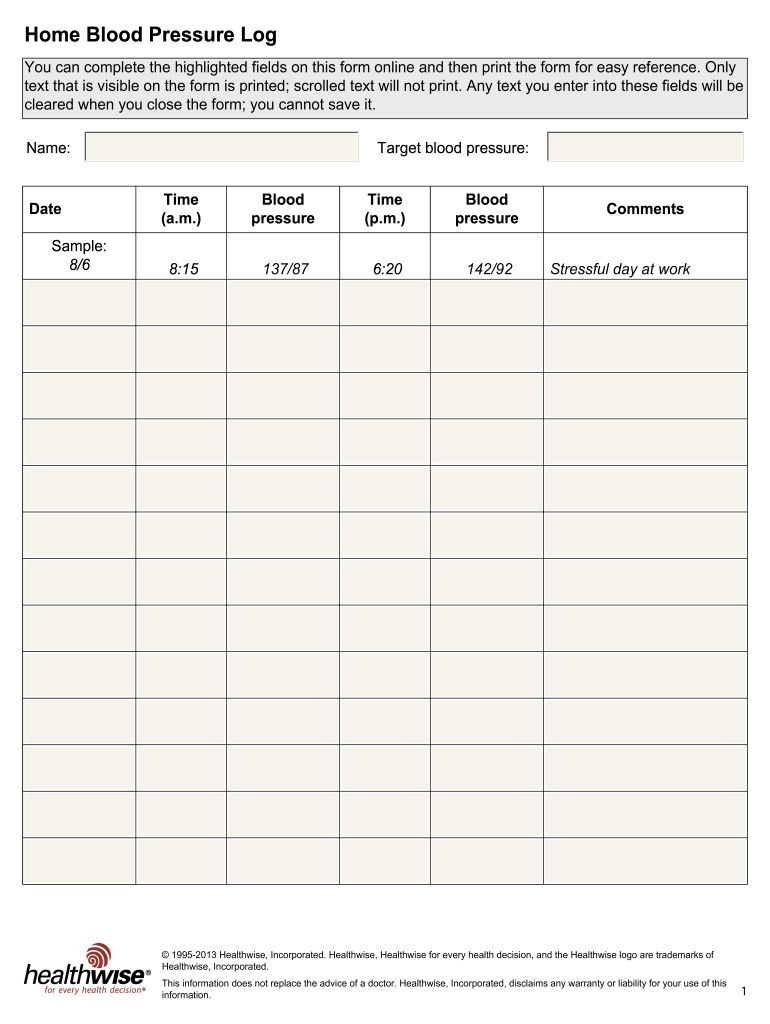 Home Blood Pressure Log Fill Out Sign Share Online PdfFiller