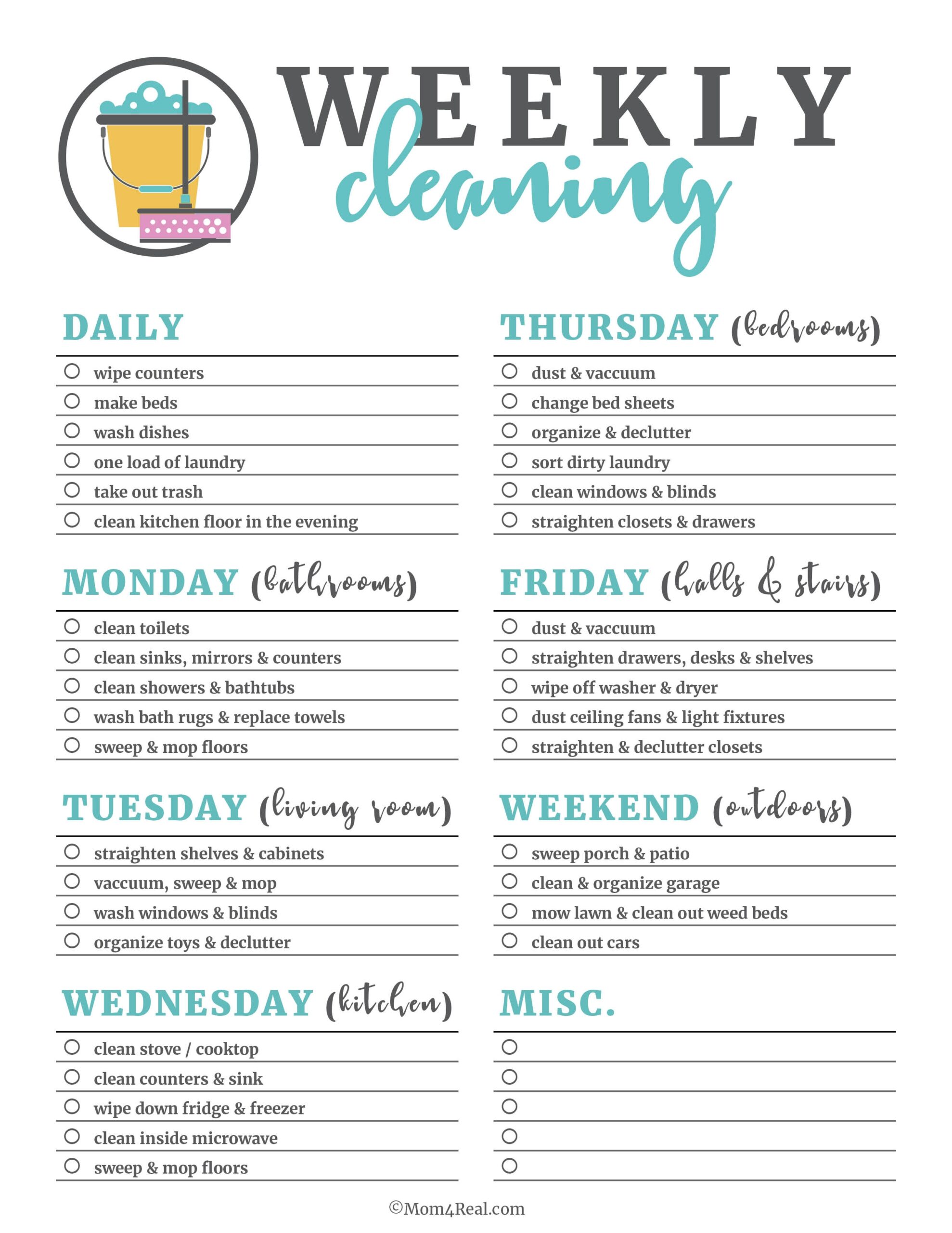 Printable Cleaning Checklists Daily Weekly Monthly Tasks 
